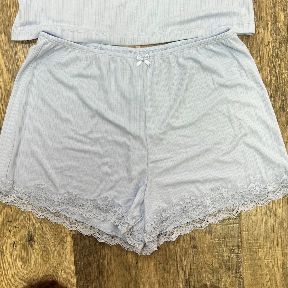 Auden Light Blue Ribbed Lace Trim Pajama Set Cami and Shorts Size XS NEW - Picture 3 of 6